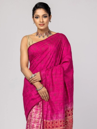 Magenta Printed and Embroidered Muslin